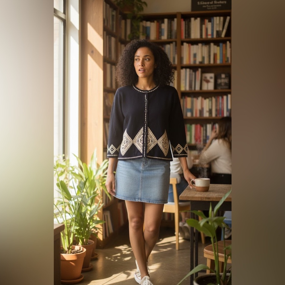 Rodier Paris Wool Knit Cardigan Black & Cream – Made in France – Size M